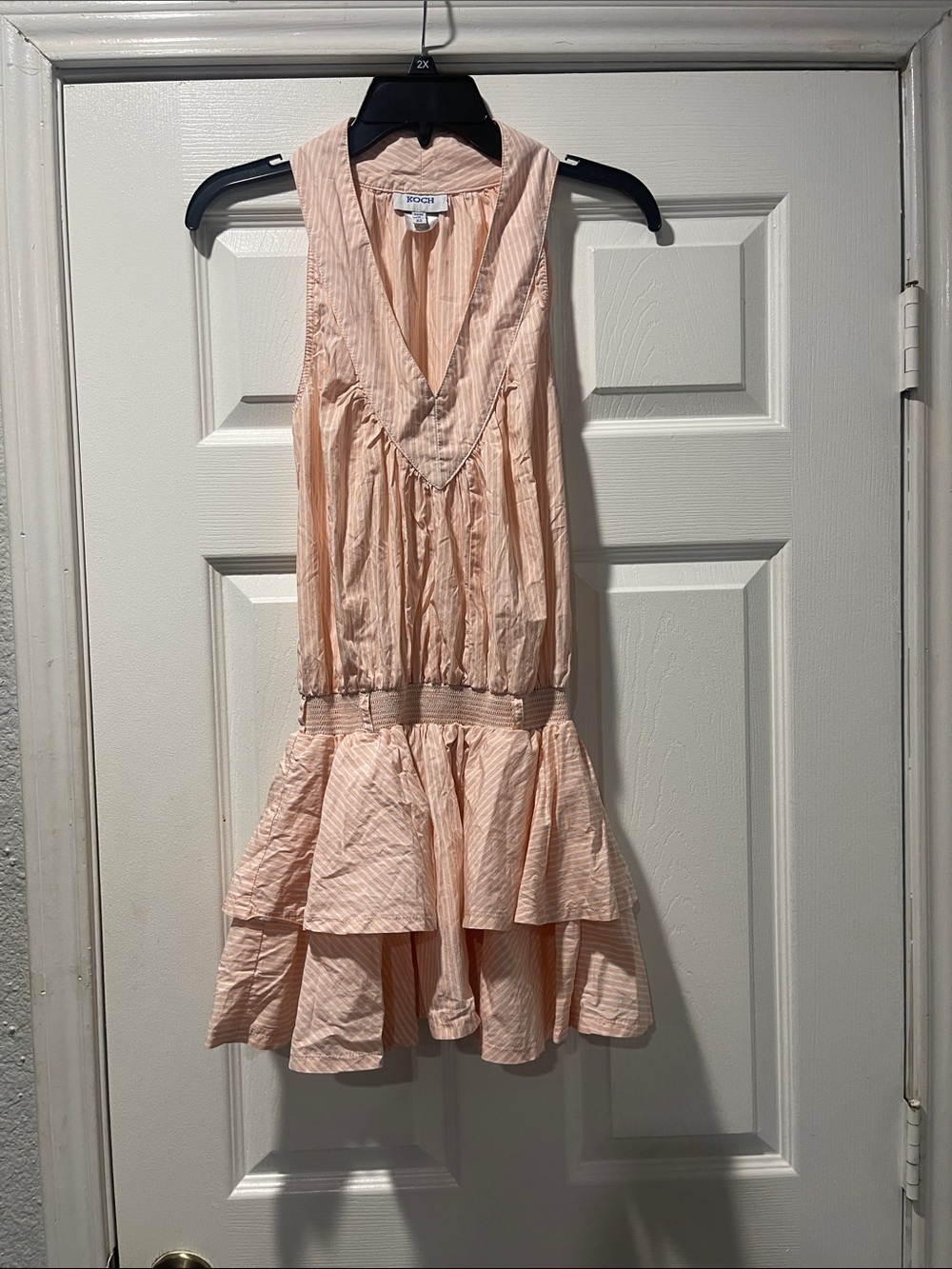 KOCH Peach and Ivory Striped Sleeveless Mini Dress.